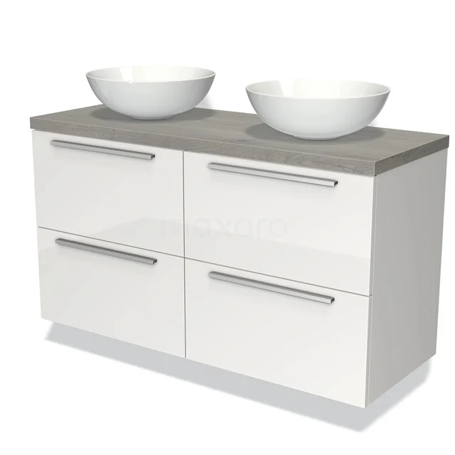 Wit badkamermeubel met grijze houten blad, dubbele waskommen en chromen handgrepen; modern design, ruim opbergmogelijkheden.