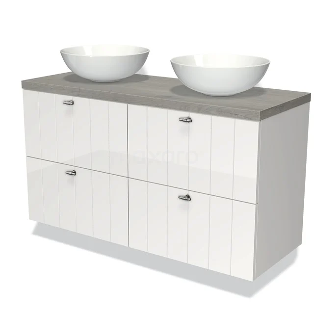 Weißes Badmöbel mit vier Schubladen, grauer Holzplatte und zwei Aufsatzwaschbecken, stilvoll und praktisch für ein modernes Badezimmer.
