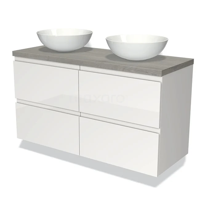 Moderne witte badkamermeubelset met dubbel waskomdesign, metalen betonlook blad en softclose-lades voor strak badkamerinterieur.