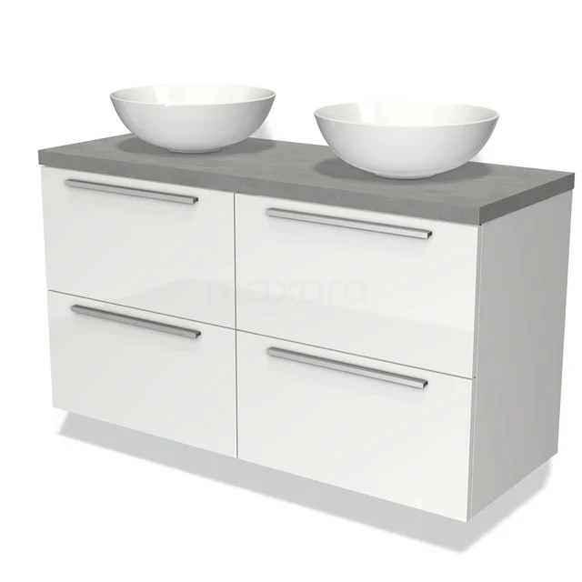 White bathroom unit with grey top, vanity units with basin and four drawers, modern design for stylish bathroom storage.