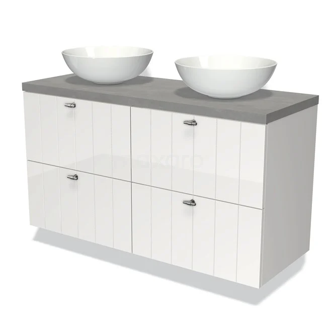 Weißes Doppel-Badmöbel mit grauem Steinplatte, zwei runden Waschbecken und vier Soft-Close Schubladen. Modernes und stilvolles Design.
