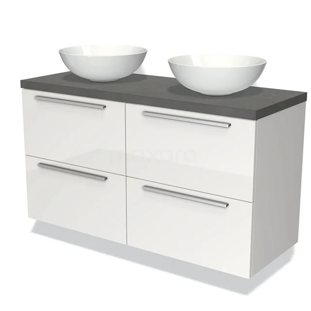 Weißes Badezimmermöbel mit doppelten Aufsatzwaschbecken, anthrazit Platte und modernen chromfarbenen Haltegriffen. Perfekt für ein stilvolles Badezimmer.