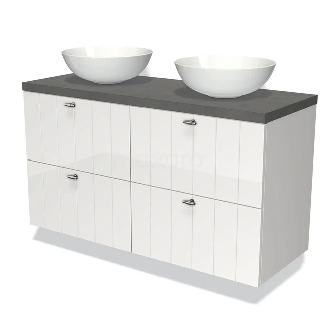 Weiße Badmöbelset mit grauem Steinplatte, doppelten Aufsatzwaschbecken und 4 Schubladen, modernes Design und glänzende Oberfläche.