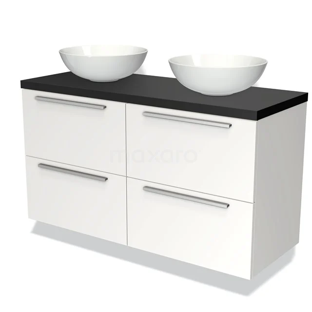 Weißes Badezimmermöbel mit schwarzer Platte, vier Schubladen und zwei runden Aufsatzwaschbecken, ideal für ein modernes Badezimmer.