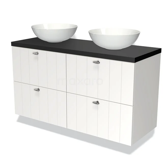 Weißes Holz Badezimmermöbel mit schwarzer Platte, Doppelwaschbecken und 4 Schubladen. Perfekt für ein modernes Badezimmer.