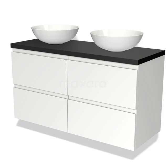 Wit badkamermeubel met zwart blad en dubbele ronde wastafels, strak design, ideaal voor moderne badkamers.