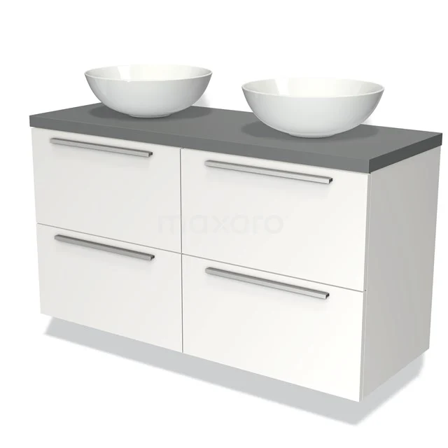Wit badkamermeubel met grijze bovenkant, dubbele wastafelkom, vier lades en metalen handgrepen. Modern design.