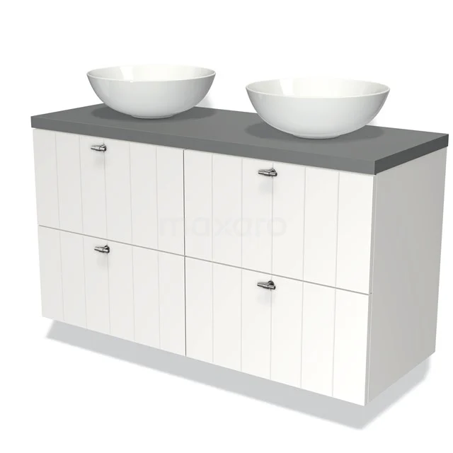 Badmöbel für Waschtischunterschrank mit Konsole 120cm Modulo Plato Matt Weiß 4 Schubladen Latte Mittelgrau Platte BMK18-00235 Doppelwaschbecken mit weißen Paneelen, anthrazitfarbenem Oberblatt und zwei runden Waschbecken; ideal für moderne Badezimmergestaltung.