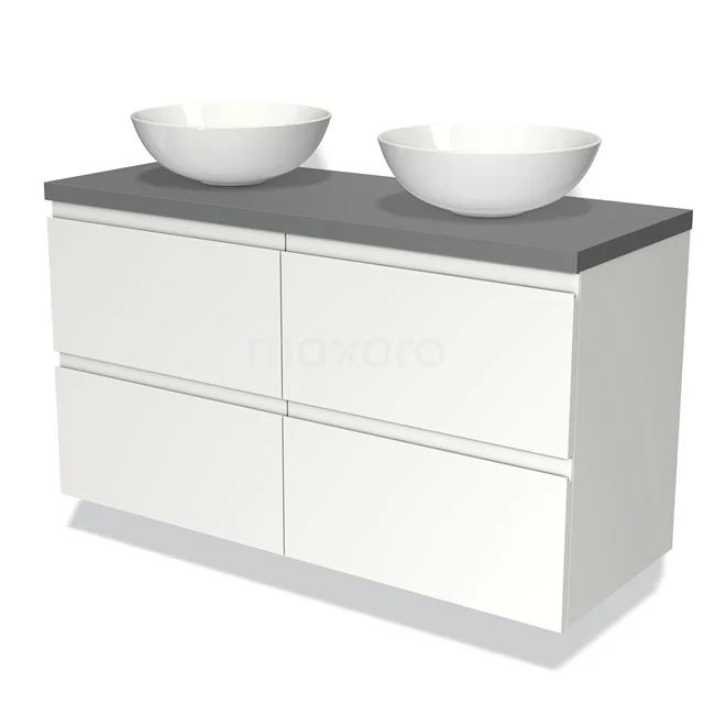 White bathroom furniture set with four drawers, grey Worktop and two modern countertop basins, ideal for stylish bathroom design.