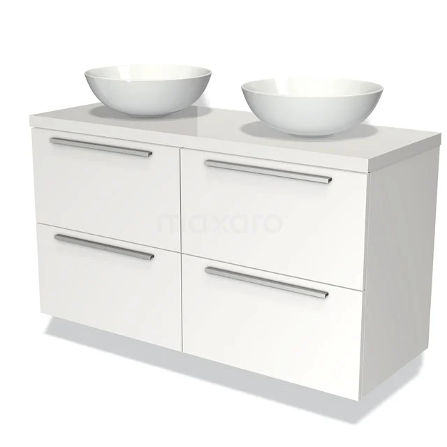 Weißes Badezimmermöbel mit Doppelwaschbecken, modernes Design, vier Schubladen und stilvollen Metallhaltegriffen.