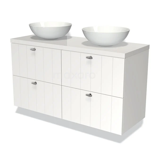 Weißes Badezimmermöbel mit doppeltem Aufsatzwaschbecken, modernes Design und vertikalen Linien, ideal für stilvolle und praktische Badezimmergestaltung.