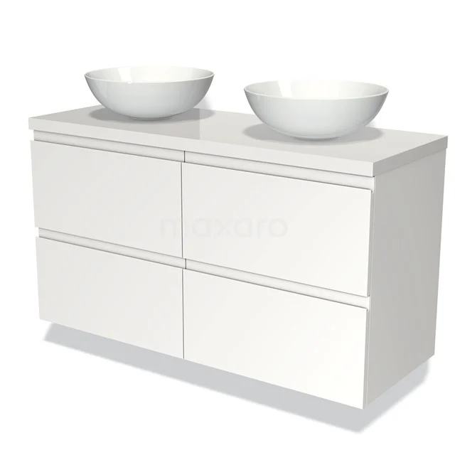 Wit badkamermeubel met dubbele wastafelkommen, strak design en vier lades, ideaal voor een moderne badkamerinrichting.