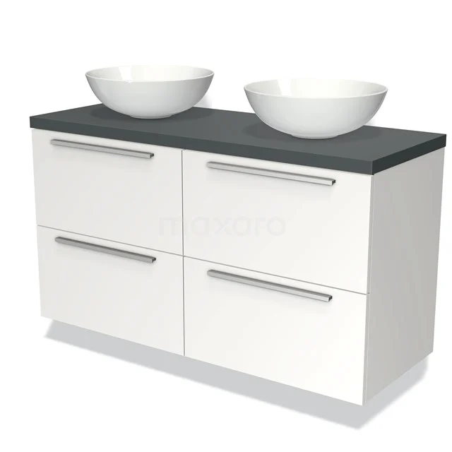 Wit badkamermeubel met grijze bovenblad, vier lades en twee opzetwaskommen; modern design en praktische opbergruimte.