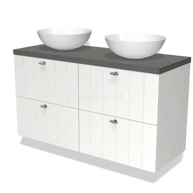 Weißes Badezimmermöbel mit grauer Oberseite, doppelten runden Aufsatzwaschbecken und vier grifflosen Schubladen, ideal für moderne Bäder.