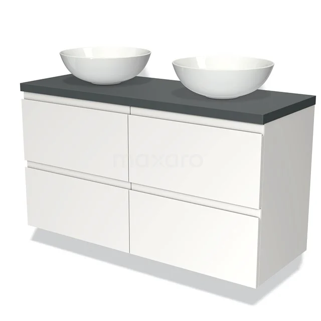 Weißes Badezimmermöbel mit vier Schubladen, schwarzer Platte und zwei runden weißen Waschbecken, modernes Design aus Keramik.