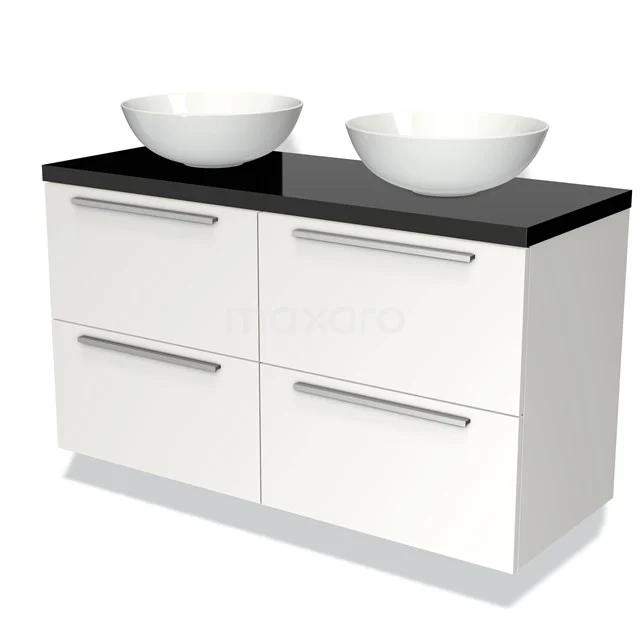 White bathroom unit with black worktop, double basin bowls and four drawers. Modern design, ideal for a stylish bathroom.