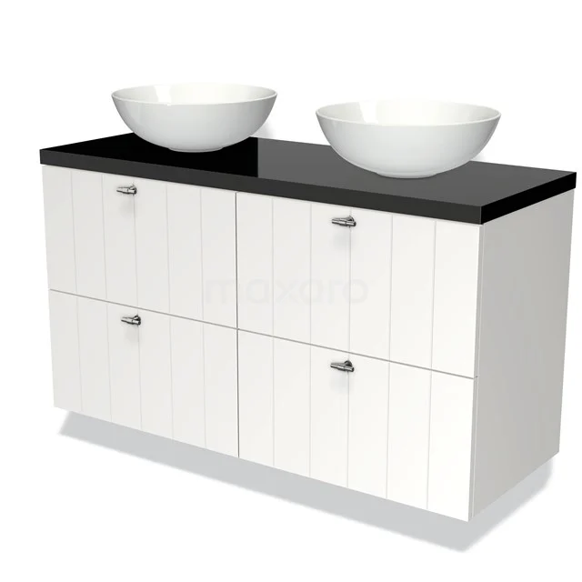 Weißes Badezimmermöbel mit schwarzer Oberplatte und zwei kugelförmigen Aufsatzwaschbecken, modernes Design für ein stilvolles Badezimmer.