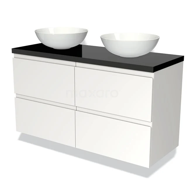 Wit dubbele wastafelmeubel met zwarte top en twee ronde keramische kommen, modern design voor de badkamer.