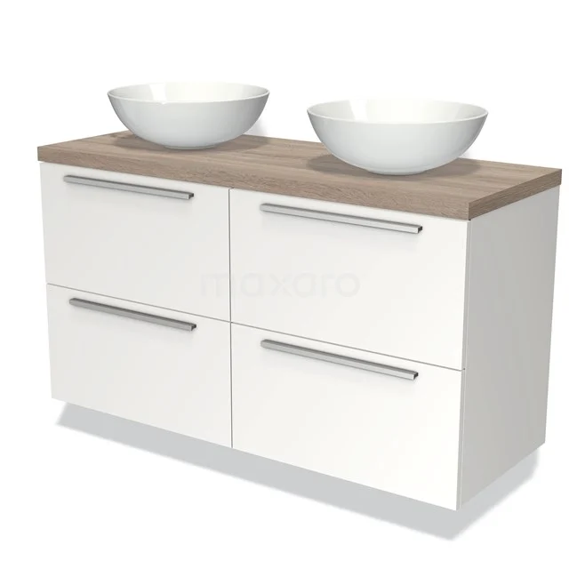 Waschtischunterschrank mit Konsole 120cm Modulo Plato Matt Weiß 4 Schubladen Flache Platte aus Eiche BMK18-00246 Weißes Badmöbel mit Holzplatte, Doppelwaschbecken und vier Schubladen, modernes Design ideal für stilvolle Bäder.