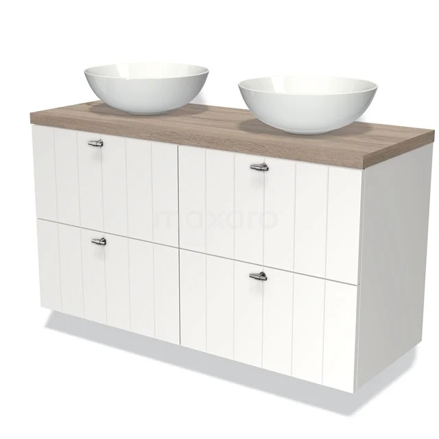 Weiße Badmöbelset mit Holzlook Platte, Doppelwaschbecken und klaren Linien, ideal für eine stilvolle Badezimmer Einrichtung.