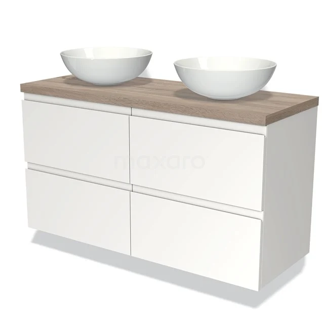 White bathroom unit with wooden worktop and double countertop wash basin, modern design from luxury series; ideal for a stylish bathroom.