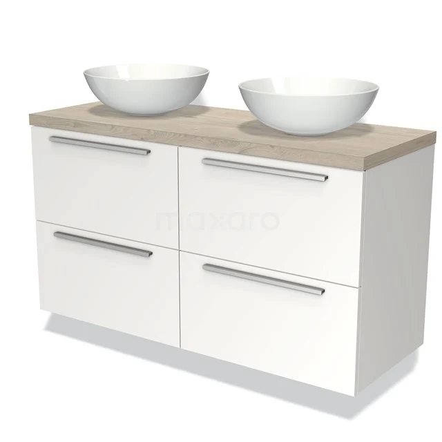 Wit badkamermeubel met houten blad, dubbele waskommen en vier lades, ideaal voor een moderne badkamerstijl.