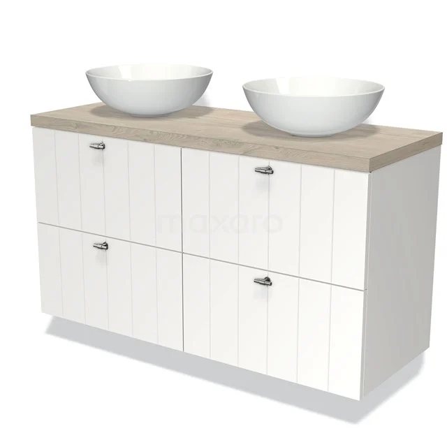 Modulo Plato Badmöbel mit Aufsatzwaschbecken | 120 cm Matt Weiß Lamelle front Hellgraue Eiche blatt 4 Schubladen BMK18-00250 Weißes Badezimmermöbel mit Holzlook Platte, Doppelwaschbecken und vier grifflosen Schubladen, ideal für eine moderne Badezimmer Einrichtung.