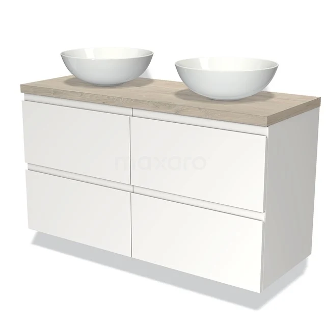 Modulo Plato Badmöbel mit Aufsatzwaschbecken | 120 cm Matt Weiß Grifflos front Hellgraue Eiche blatt 4 Schubladen BMK18-00251 Moderne weiße Badmöbelset mit zwei runden Aufsatzwaschbecken, Holzplatte und sanft schließenden Schubladen für praktischen Badezimmerkomfort.