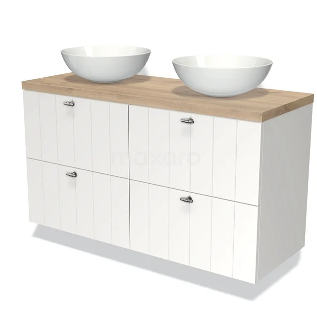 Weißes Badezimmermöbel mit Holzlook Platte, doppeltem Aufsatzwaschbecken und Paneeltüren, modernes Design für praktische Badezimmergestaltung.