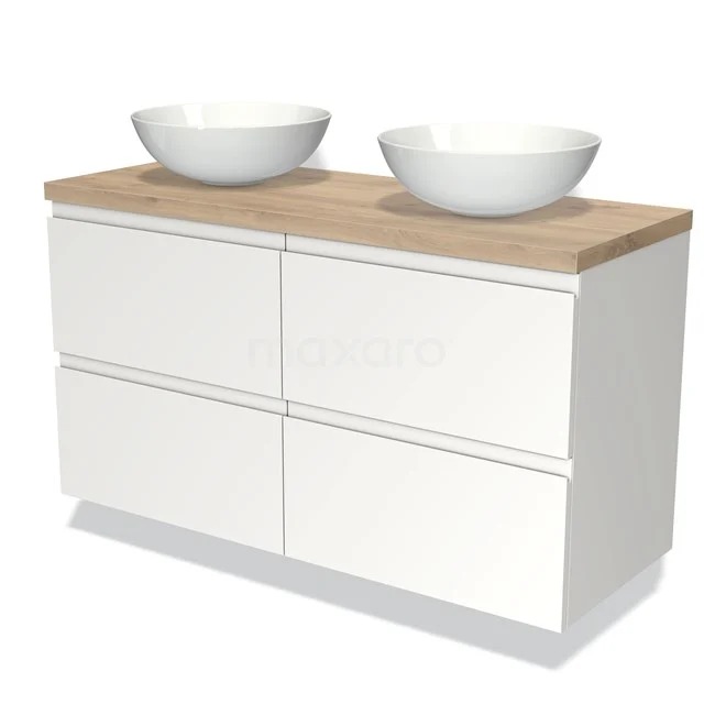 Modulo Plato Badmöbel mit Aufsatzwaschbecken | 120 cm Matt Weiß Grifflos front Hellbraune Eiche blatt 4 Schubladen BMK18-00254 Weißes Badezimmermöbel mit Eichenplatte und Doppelwaschbecken, modernes Design, ideal für stilvolles Badezimmerinterieur.