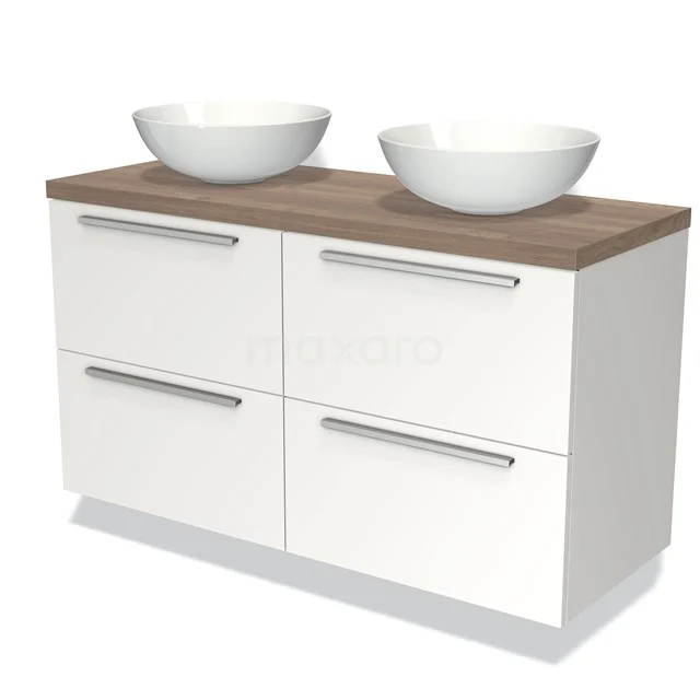 Weißes Badmöbel mit Holzplatte, vier Schubladen und zwei runden Waschbecken, ideal für stilvollen Stauraum im Badezimmer.