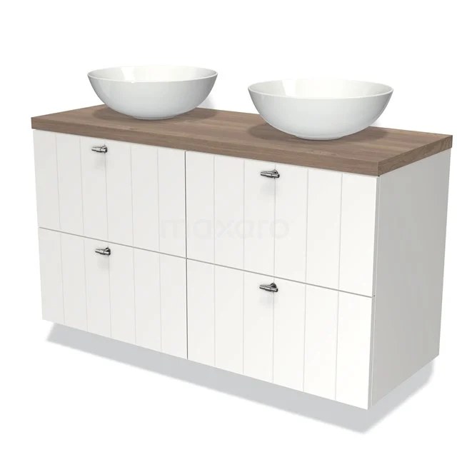 Weißes Badezimmermöbel mit Holzlook Platte, doppeltem keramischen Aufsatzwaschbecken und vier Schubladen, ideal für moderne Badezimmergestaltung.