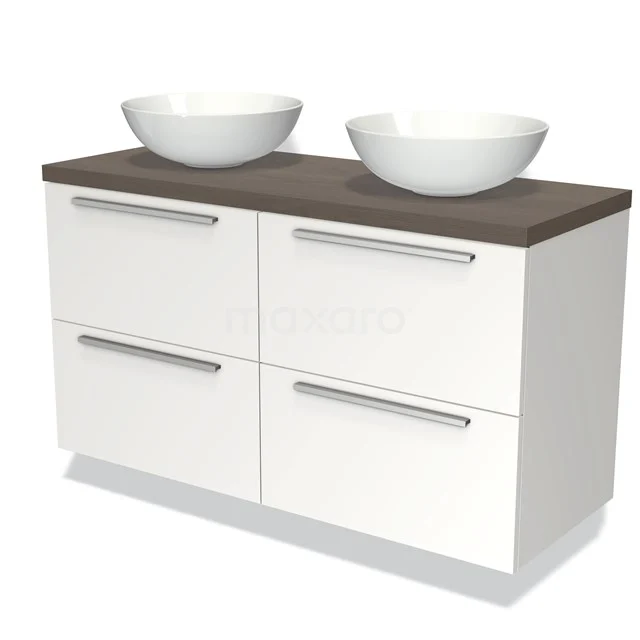 Weißes Doppelwaschtischmöbel mit Holzoptik Platte, vier Schubladen und keramischen Aufsatzwaschbecken, ideal für moderne Bäder.