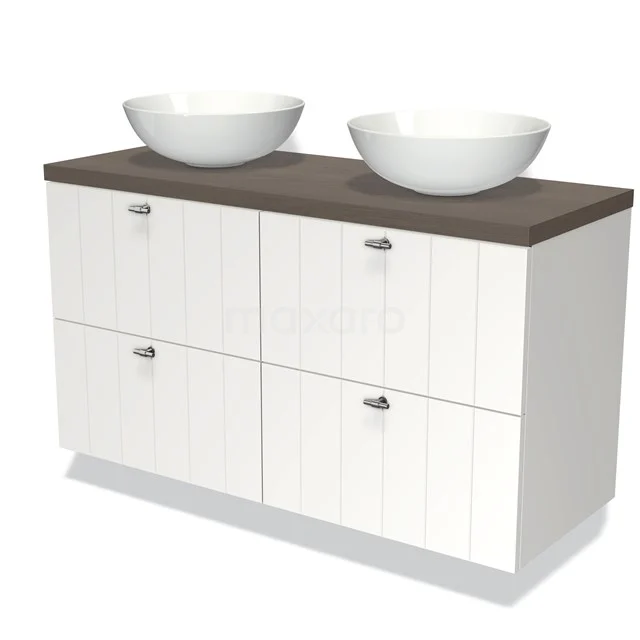 Weißes Badezimmermöbel mit doppelter Waschtischplatte in Holzoptik und zwei runden Aufsatzwaschbecken, klares Design mit Paneeltürdetails.