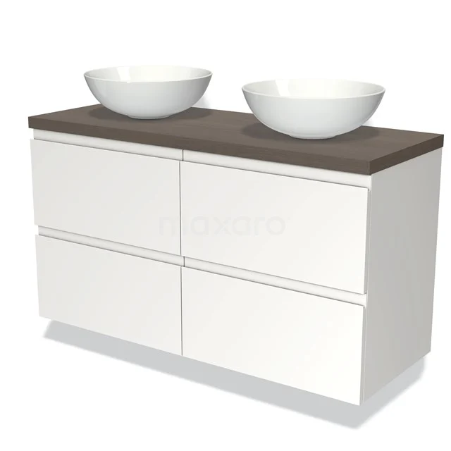 Modulo Plato Vanity units for countertop basin | 120 cm Matte white Handle-less front Dark brown oak worktop 4 drawers BMK18-00260