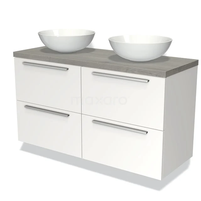 Waschtischunterschrank mit Konsole 120cm Modulo Plato Matt Weiß 4 Schubladen Flach Graue Eiche Platte BMK18-00261 Weiße Badmöbelset mit grauer Betonplatte, doppelten runden Aufsatzwaschbecken und schlichten Metallhaltegriffen.