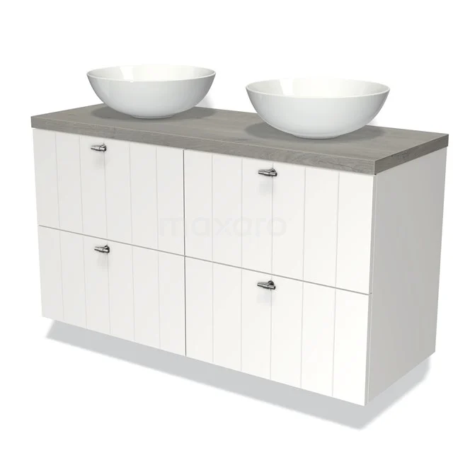 Badmöbel für Aufsatzwaschbecken 120cm Modulo Plato Matt Weiß 4 Schubladen Lamelle Graue Eiche Platte BMK18-00262 Weißes Holz-Badmöbel mit grauer Waschtischplatte und zwei runden Aufsatzwaschbecken, modernes Design für stilvolle Bäder.