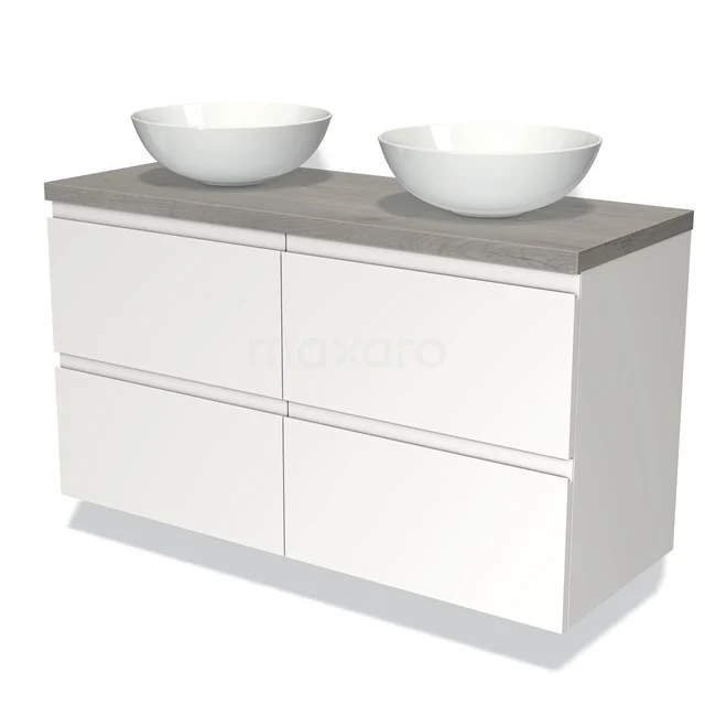 Wit houten badkamermeubel met betonlook blad, twee ronde opzetwaskommen, modern design, perfect voor stijlvolle badkamers.