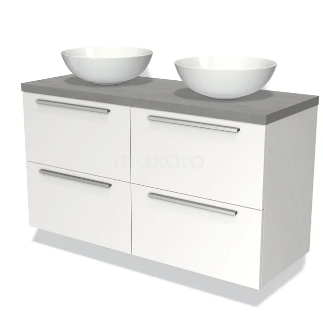 White bathroom unit with modern grey top, four drawers and double basin, ideal for stylish bathrooms.