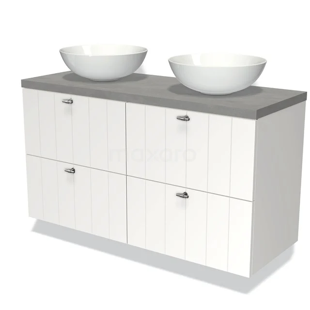 Weißes Badezimmermöbel mit grauer Platte, doppeltem Aufsatzwaschbecken, Holzverarbeitung, modernes Design für stilvolle Badezimmergestaltung.