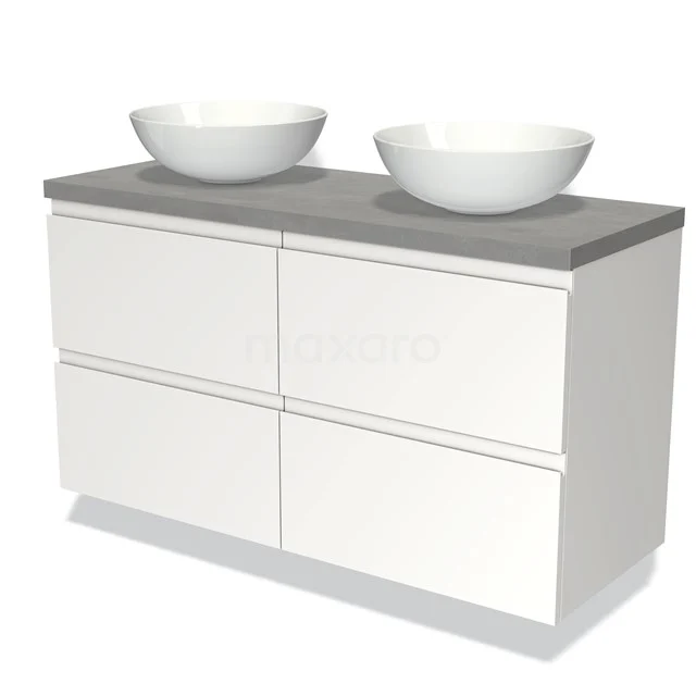 Wit zwevend badkamermeubel met grijs blad, dubbele wastafelkommen en vier greeploze lades, modern design.