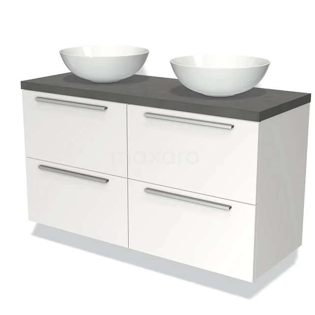 Badmöbel für Waschtischunterschrank mit Konsole 120cm Modulo Plato Matt Weiß 4 Schubladen Flach Dunkelgrau Beton Platte BMK18-00267 Weißes Badezimmermöbel mit Doppelwaschbecken, grauer Oberplatte und modernen Schubladen, ideal für einen stilvollen Badezimmerraum.