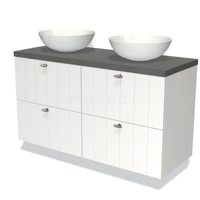 Weißes Holz-Badmöbel mit grauer Platte und doppelten modernen Aufsatzwaschbecken, ideal für ein stilvolles Badezimmer.
