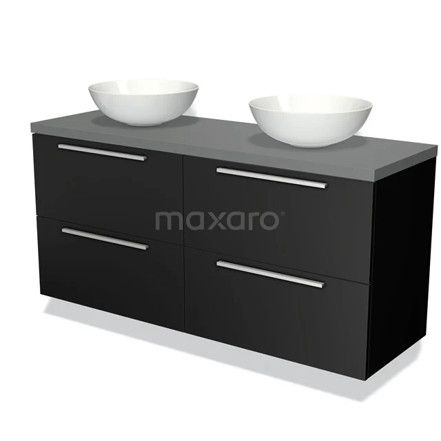 Zwart badmeubel met twee witte waskommen, strak design, vier lades en grijze bovenplaat; modern en stijlvol badkamermeubel.