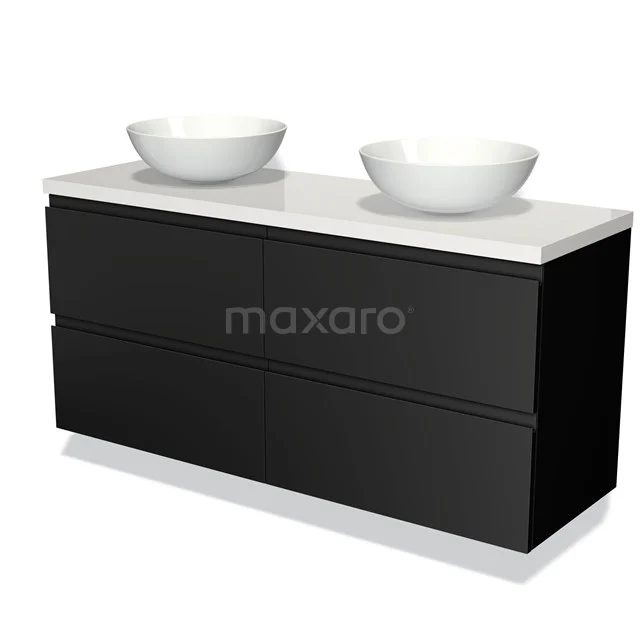Zwarte dubbele wastafelmeubel met twee witte komvormige wastafels, strak design en ruime opberglades voor de moderne badkamer.