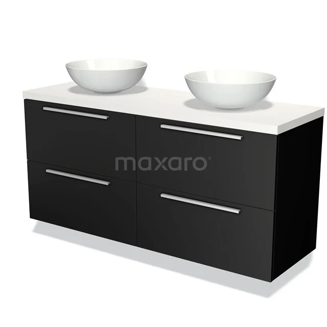 Zwarte badkamermeubel met dubbele witte waskommen, modern design en strakke lades. Perfect voor stijlvolle badkamers.