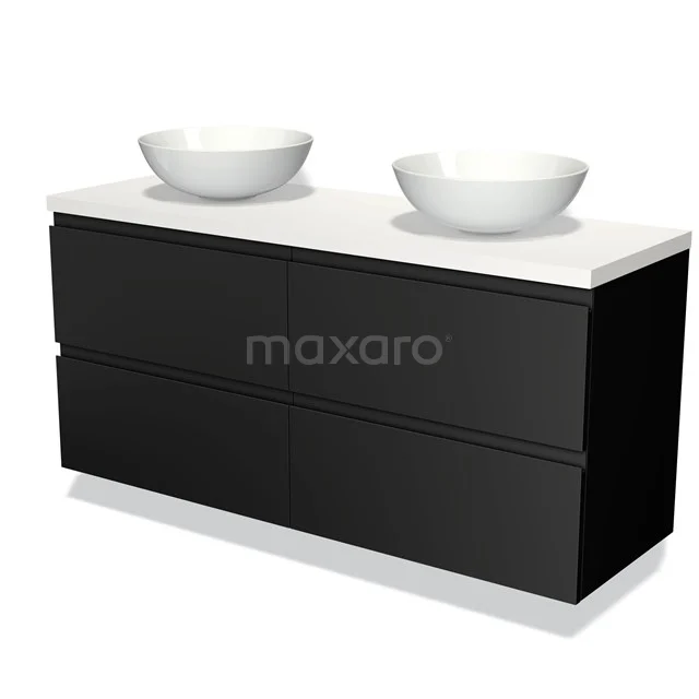 Zwarte dubbele wastafelmeubel met witte waskommen, minimalistisch design, perfect voor moderne badkamers.