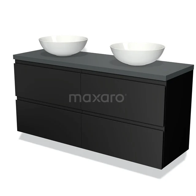 Zwarte badkamermeubel met dubbele wastafel, moderne uitstraling en gladde afwerking, ideaal voor een stijlvolle badkamer.