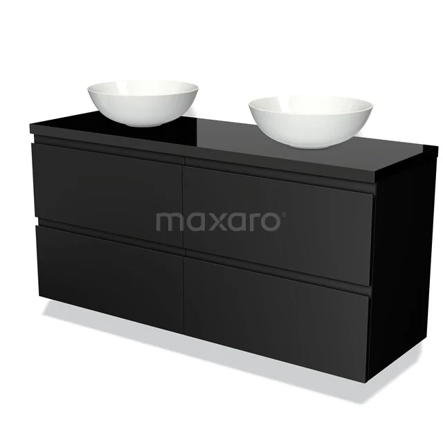 Zwarte badkamermeubelset met hoogglans afwerking, dubbele wastafels en modern design voor stijlvolle badkamerinrichting.