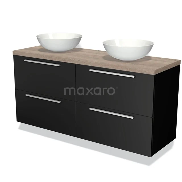 Black bathroom unit with wood-look worktop, double basin and four drawers, modern design for a stylish bathroom.